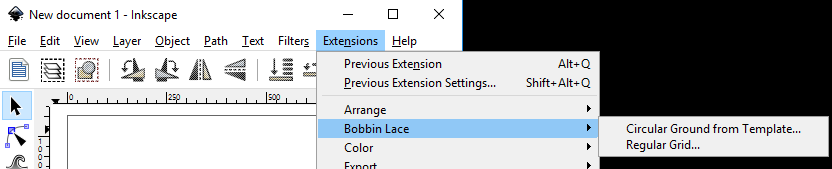 Screenshot from Inkscape: Bobbin lace tool menu under Extensions